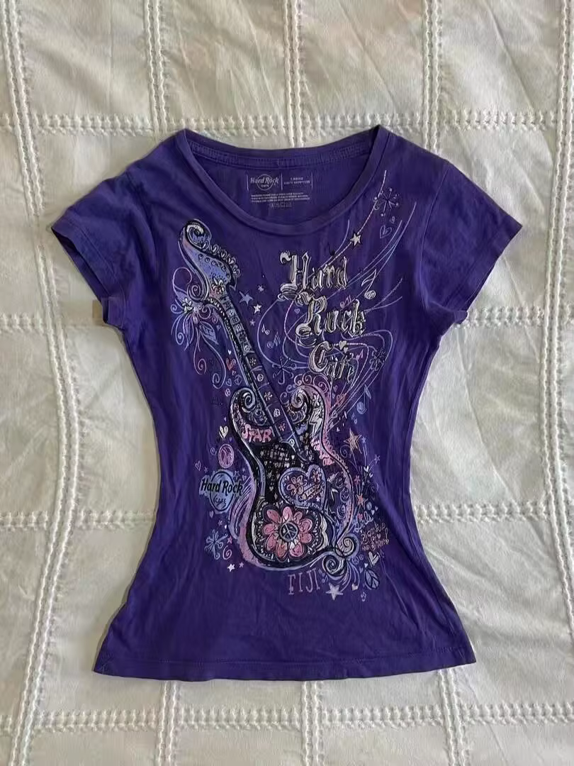 Femmes sous-culture Vintage violet imprimé T-Shirt été Y2k américain rétro mince t-shirts décontract