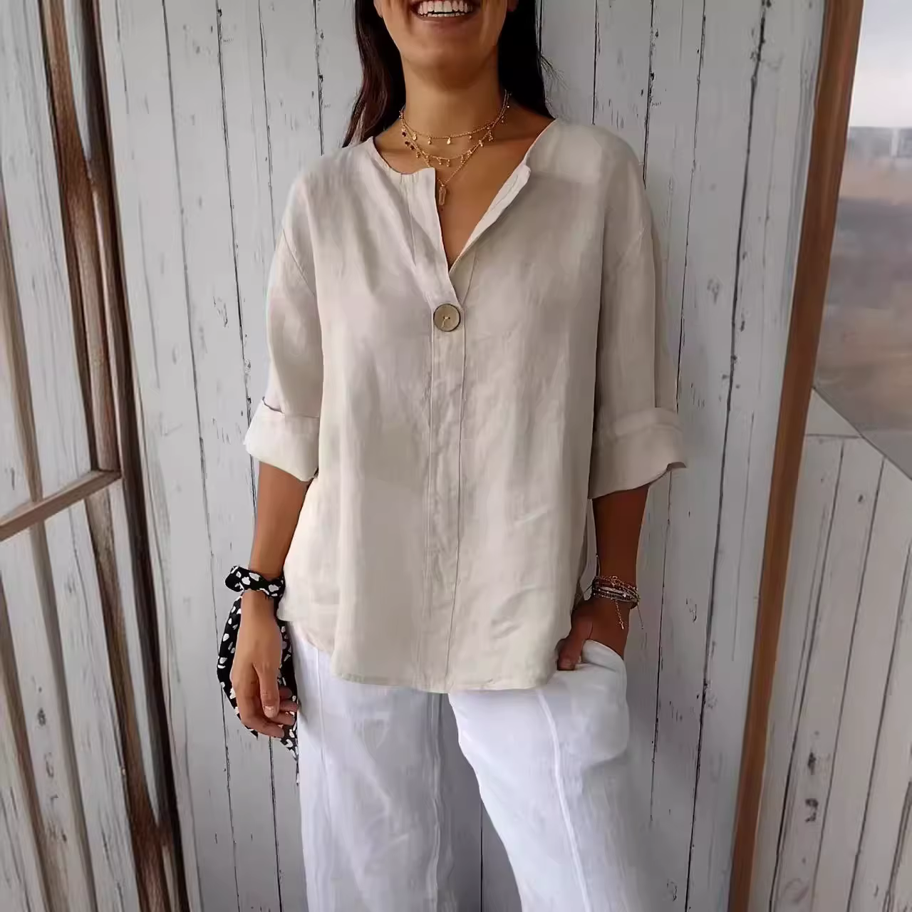 Lâche coton lin boutonné col en V t-shirt femmes été nouveau Style transfrontalier haut décontracté