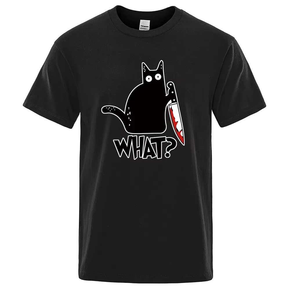 T-shirt imprimé dessin animé drôle de couteau et de chat pour hommes, mode décontractée, manches cou
