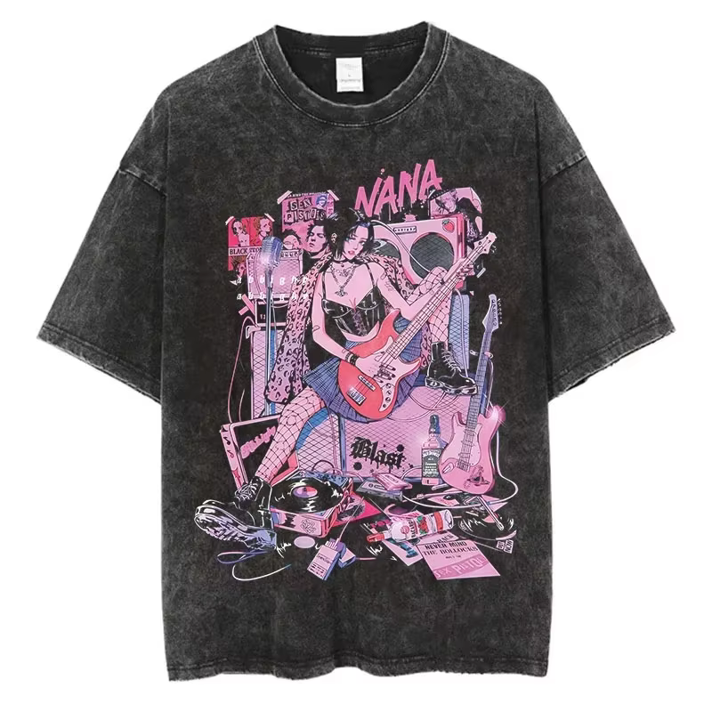 T-Shirt délavé Vintage imprimé dessin animé japonais Nana Osaki, Streetwear Harajuku, T-Shirt graphi
