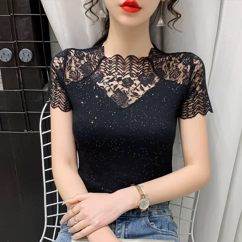 Été haut pour femme Patchwork soie brillante maille t-shirt Pathcwork manches courtes dentelle chemi