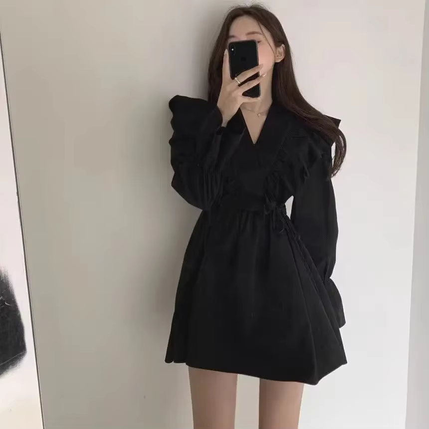 Femme robe à manches longues cravate élastique sensuel Sexy esthétique de haute qualité luxe épais c