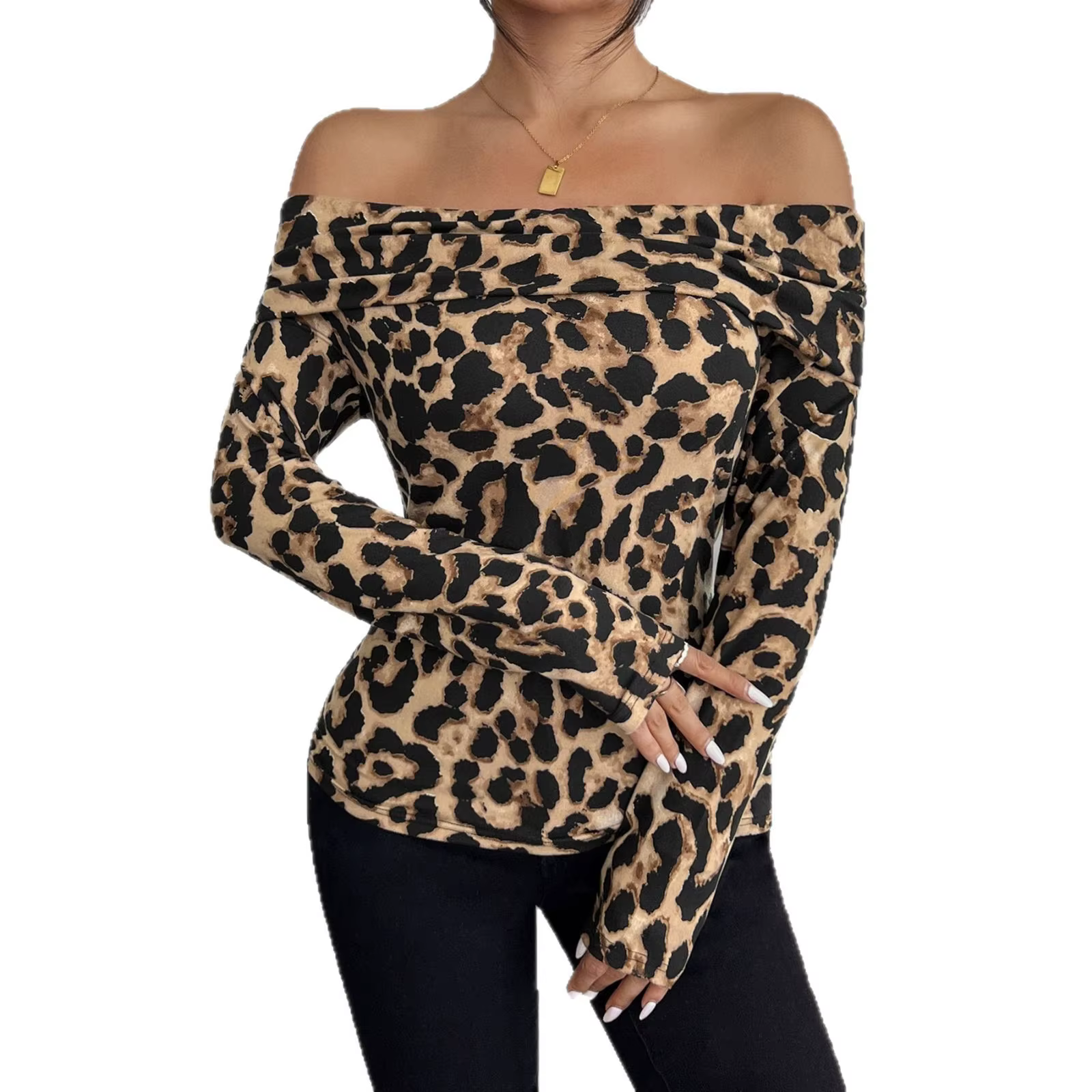 T-shirt à manches longues et épaules dénudées pour femme, sexy, imprimé léopard, nouvelle collection