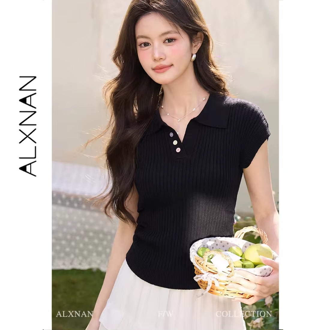 ALXNAN T-shirt pour femme à col revers, élégant et décontracté, en maille à manches courtes, coupe a