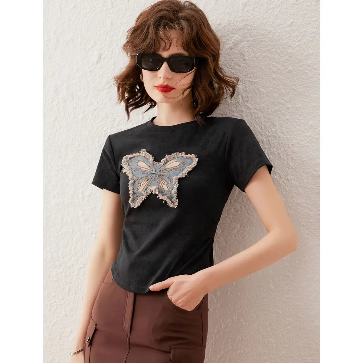 Modiis YAO-T-shirt à manches courtes et col rond pour femme, haut décontracté, pull, broderie délavé