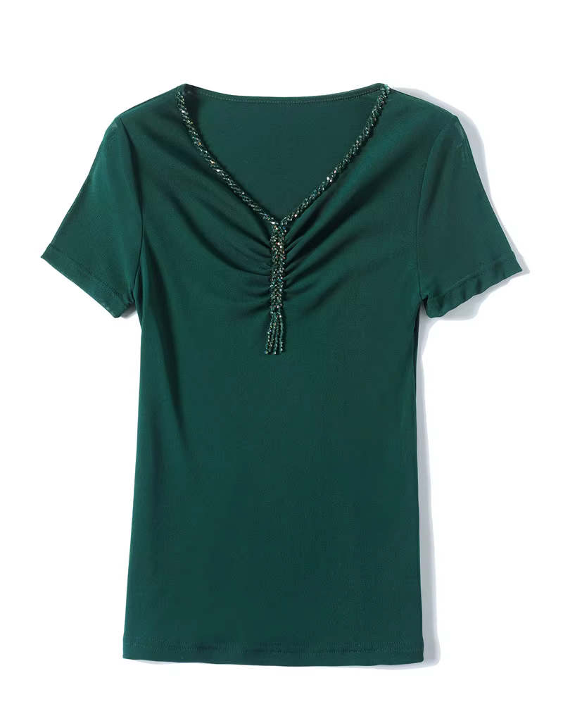 T-shirt manches courtes col en v pour femme, haut à la mode, gaine très extensible, maille