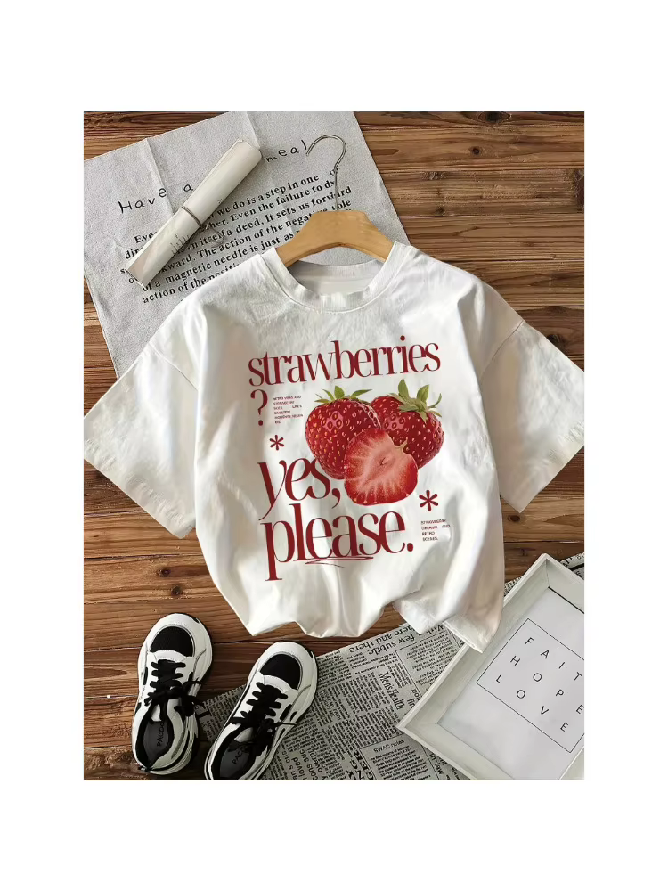 Nouveau T-shirt 2025 à imprimé graphique fraise pour femme, style vintage décontracté, col rond, hau