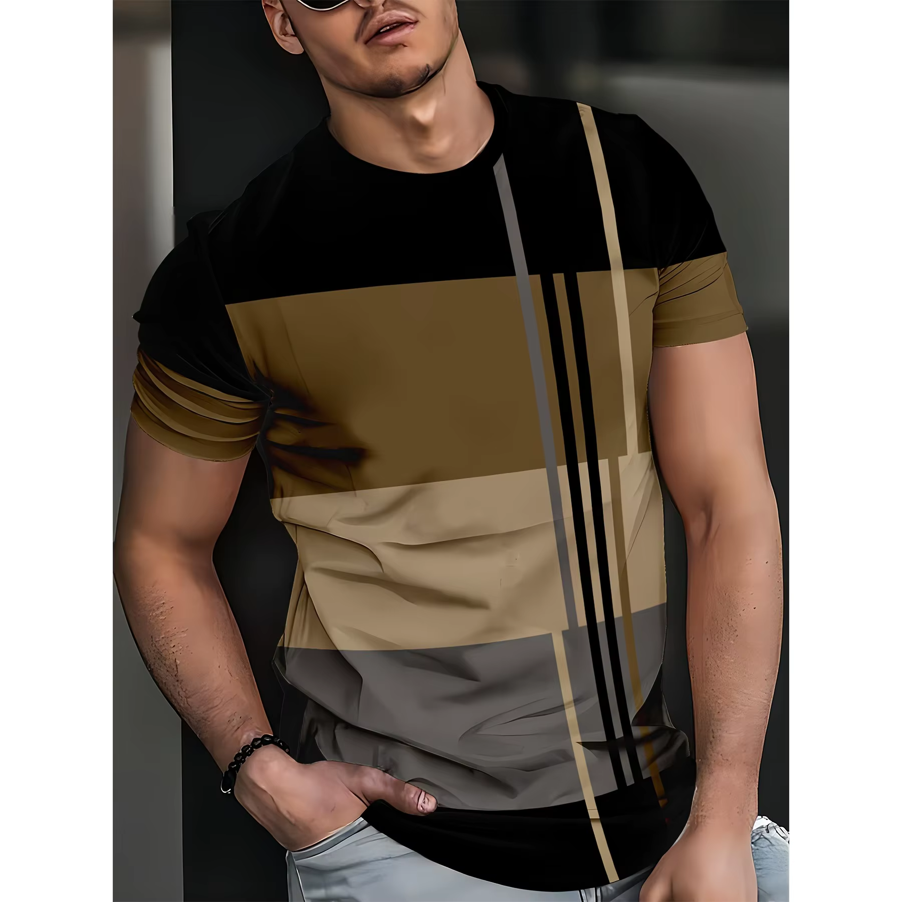 T-shirt rayé pour homme, nouveau modèle, t-shirt décontracté en polyester à col rond, lavable en mac