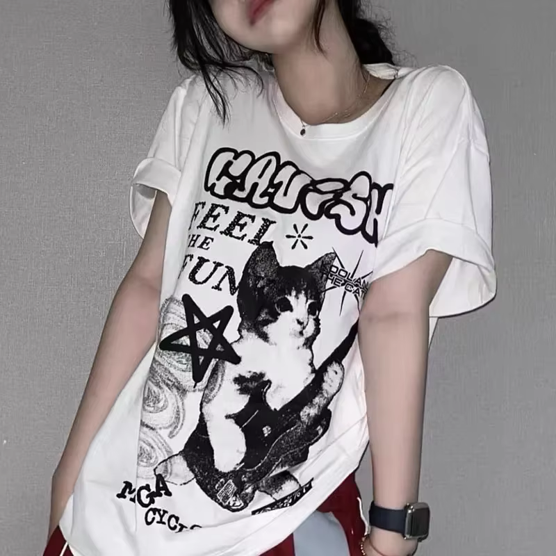 JEGraphic-T-shirt à manches courtes Cat Rock pour femmes, Streetwear américain, Vêtements d'été, Mod