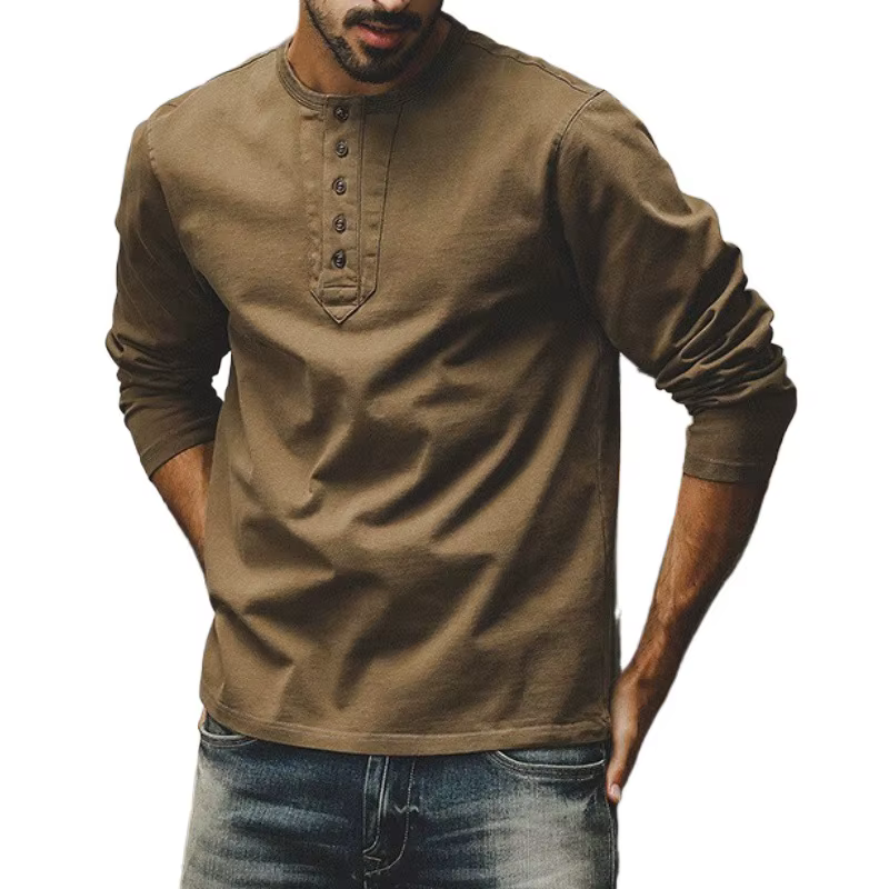 Nouveauté américain rétro col Henry T-Shirt à manches longues hommes ample décontracté haut tendance