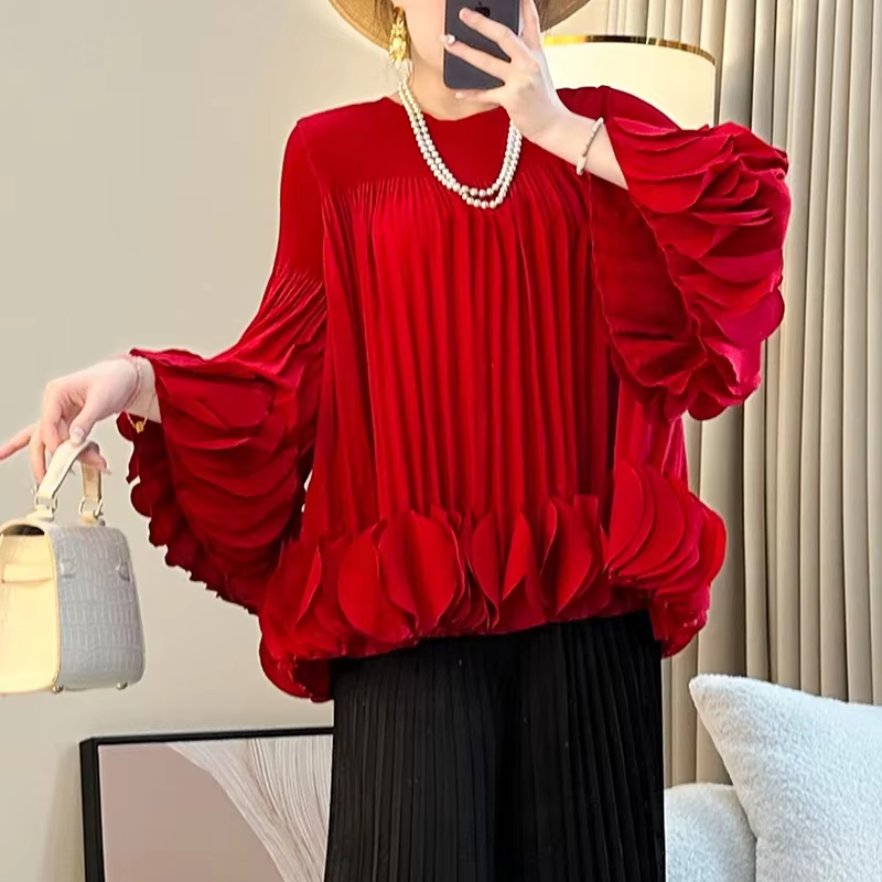 Fold Miyake plissé Appliques t-shirt femmes col rond manches longues couleur unie une ligne ample mo