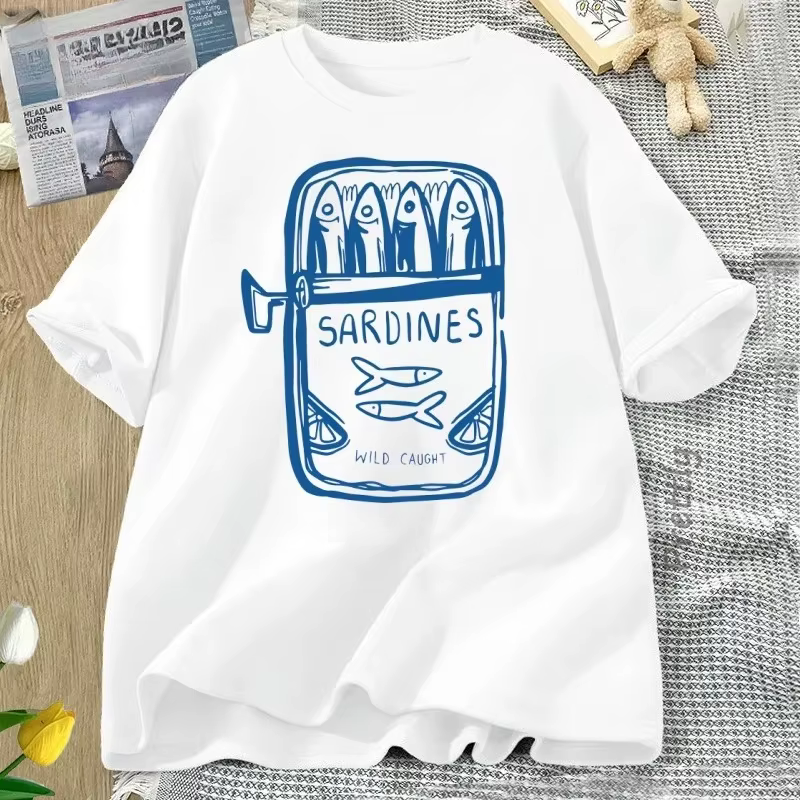 Sardine pêcheur plage imprimé à manches courtes t-shirt décontracté col rond t-shirt été décontracté