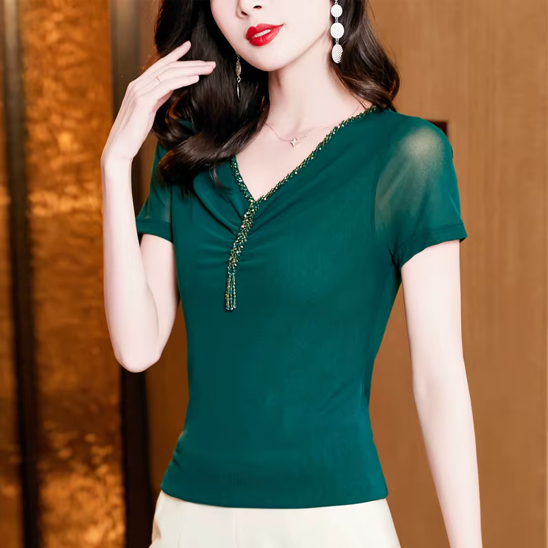 T-shirt manches courtes col en v pour femme, haut à la mode, gaine très extensible, maille