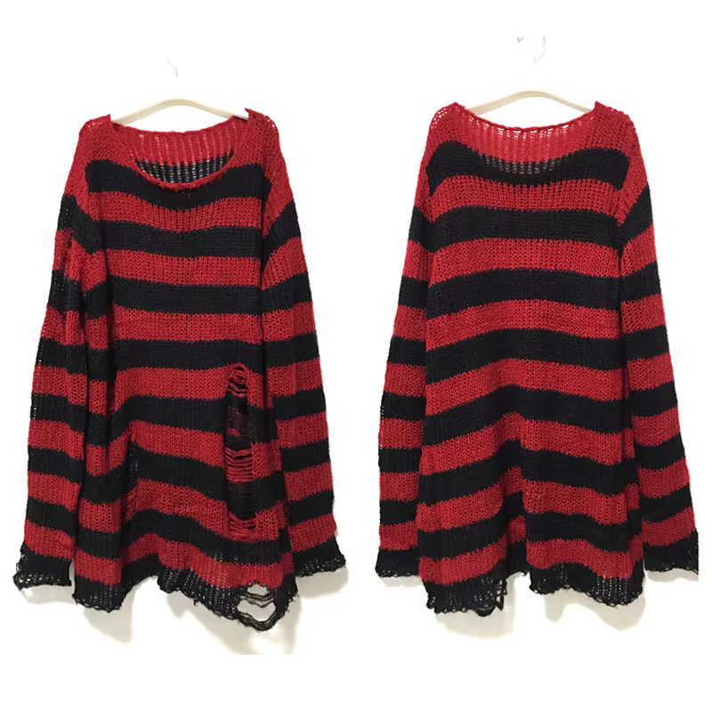 Nouveau Punk gothique Long unisexe pull été femmes rayé Cool évider trou cassé pull ample Rock mince