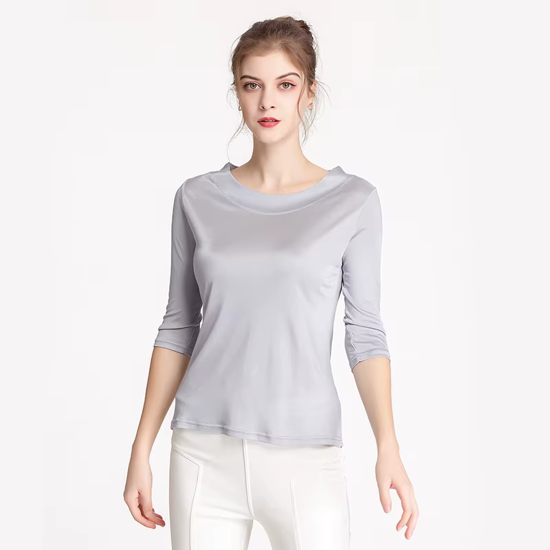 Birdtree soie mélange tricoté solide T-shirts, Slash cou lâche femmes décontracté basiques T-shirts,