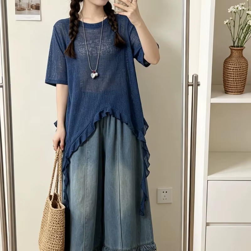 T-shirt bleu décontracté à manches courtes pour femme, coupe ample et amincissante, avec volants irr