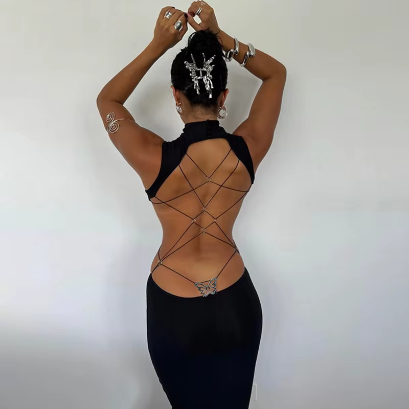 Robes Maxi noires dos nu pour femmes, robe longue avec licou, robe de soirée décontractée, sexy et é