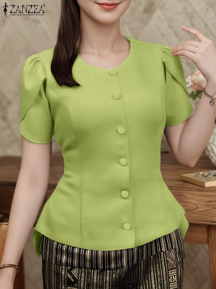 ZANZEA femmes mode asymétrique ourlet Chemises 2025 été col rond boutonné taille ajustée Chemises Fe