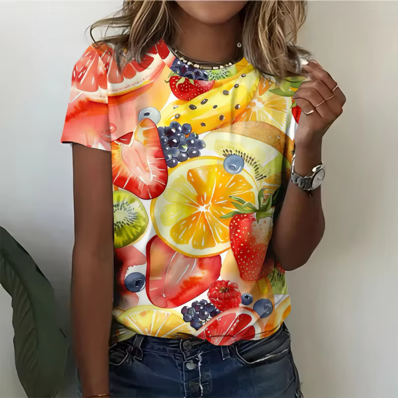 T-shirt manches courtes col rond femme, ample, imprimé en 3D, Fruits colorés, baleine ciel étoilé, é