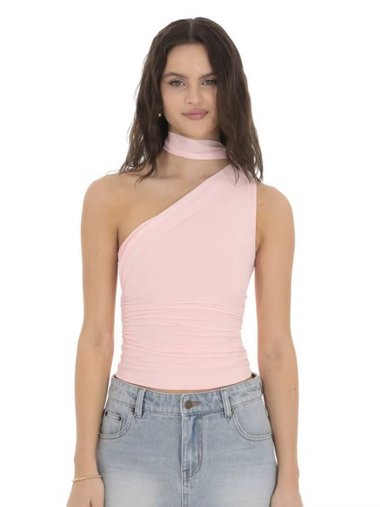 Haut court asymétrique à col pour femmes, débardeur, vêtements paresseux, accessoires Y2k, sans manc