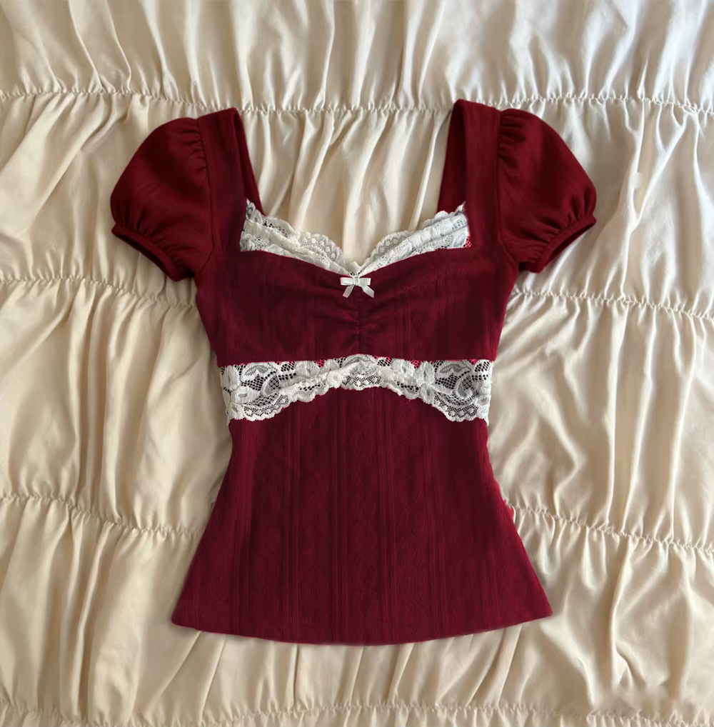 T-shirt Coquette en dentelle patchwork d'été, tricot côtelé, coupe ajustée, style Milkmaid, manches
