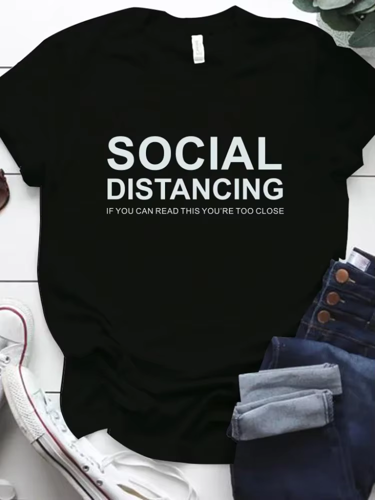 Distance sociale lettre impression t-shirt femmes à manches courtes col rond t-shirt ample femmes t-