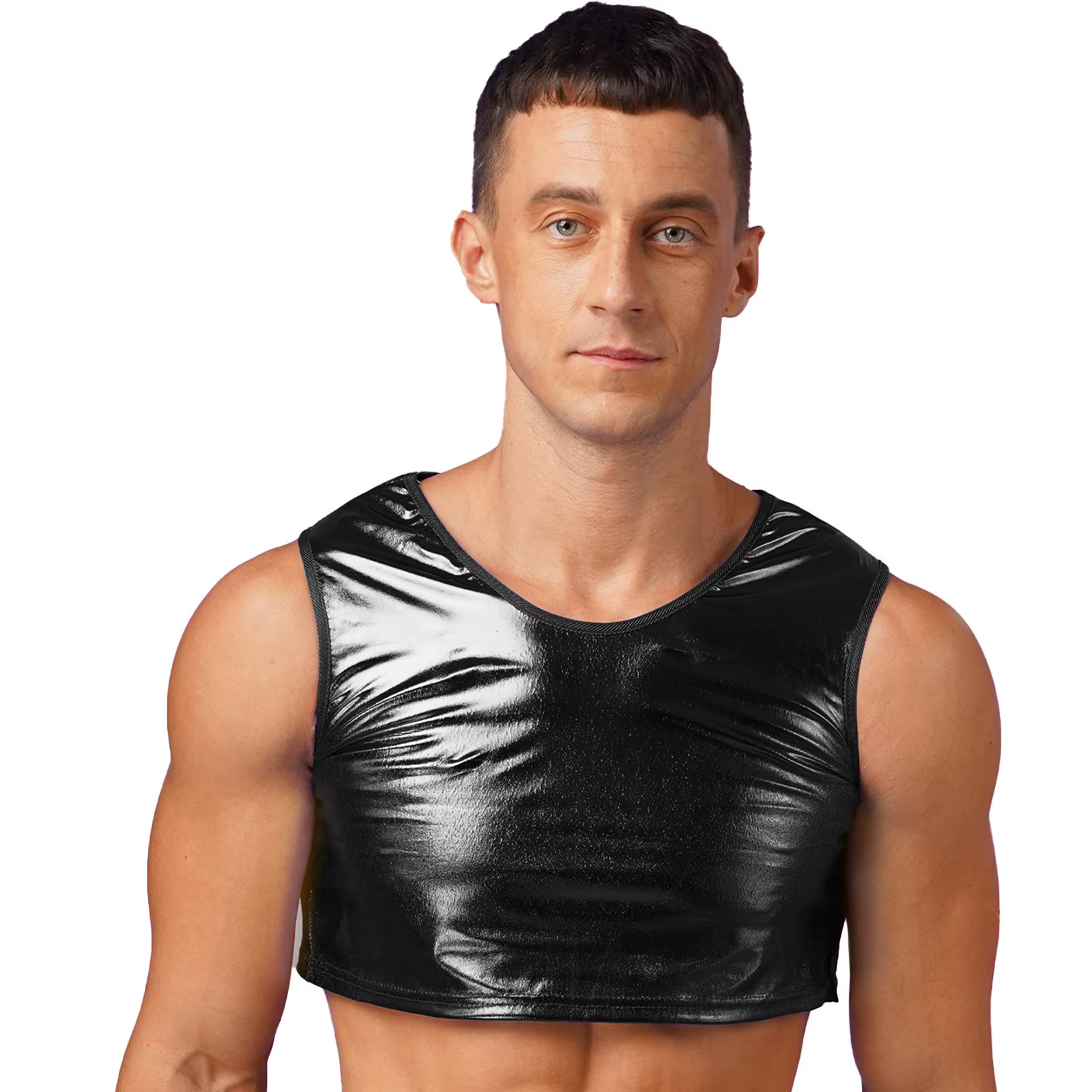 Débardeur métallique brillant pour hommes, haut court, Costumes de Fitness, gilet serré sans manches
