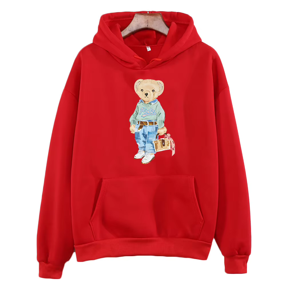 Sweat-shirt à capuche pour femme, motif ours mignon, tendance, vêtements d'hiver en polaire, manches