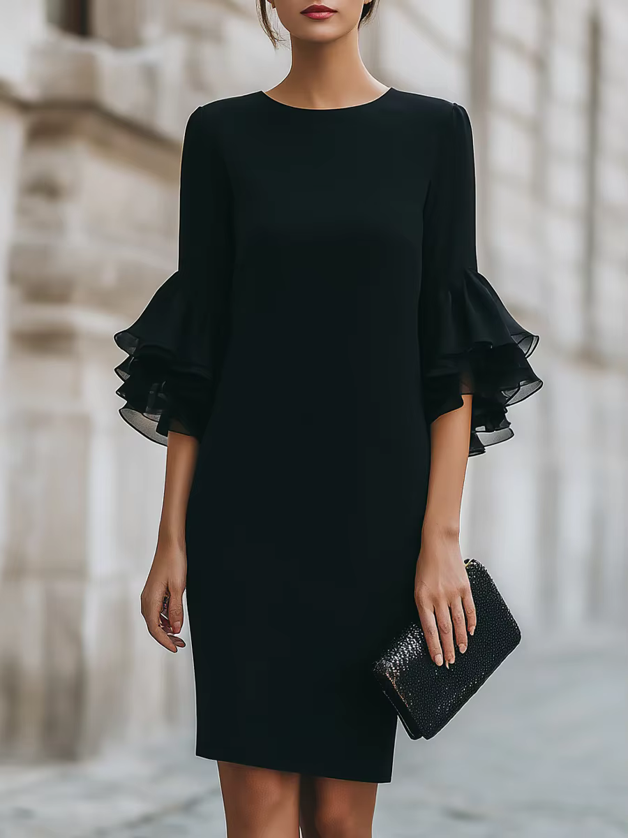 Robe midi à volants à trois quarts de manche pour femmes, robe de soirée élégante