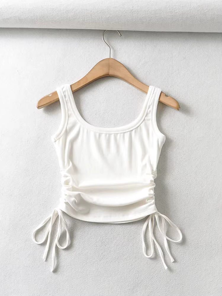 Nouveauté filles décontracté couleur unie deux côtés cordon gilet plis froncé Sexy débardeur et Cami
