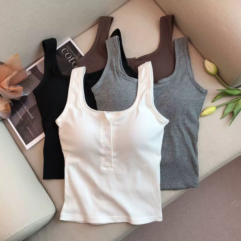 Camisole Slim sans manches à bretelles Spaghetti pour femmes, couleur unie, avec coussinet de poitri