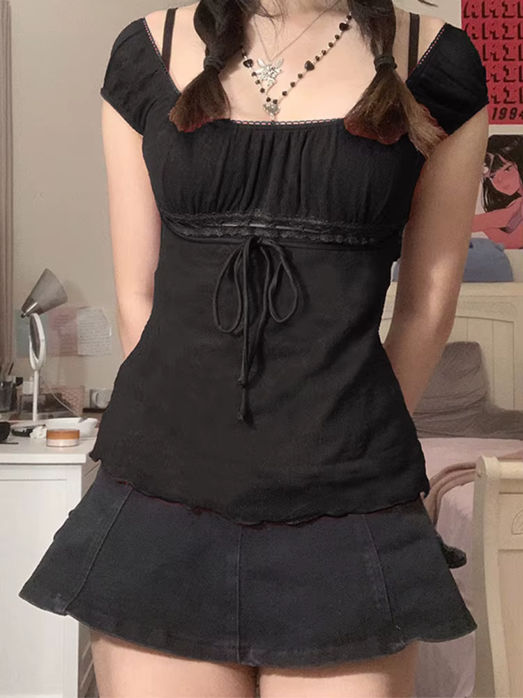T-shirt en dentelle pour femmes, épaules dénudées, avec cordon de serrage, mode coréenne, fée Grunge