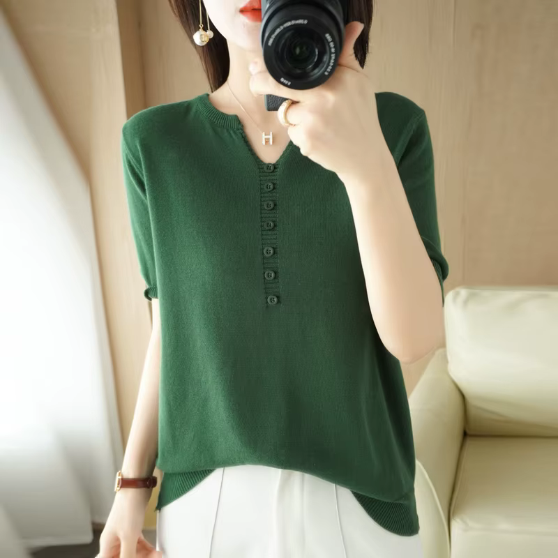 T-shirt à manches courtes et col en v pour femmes, 100% coton, Slim, pull-over, gilet, T-shirt à bou