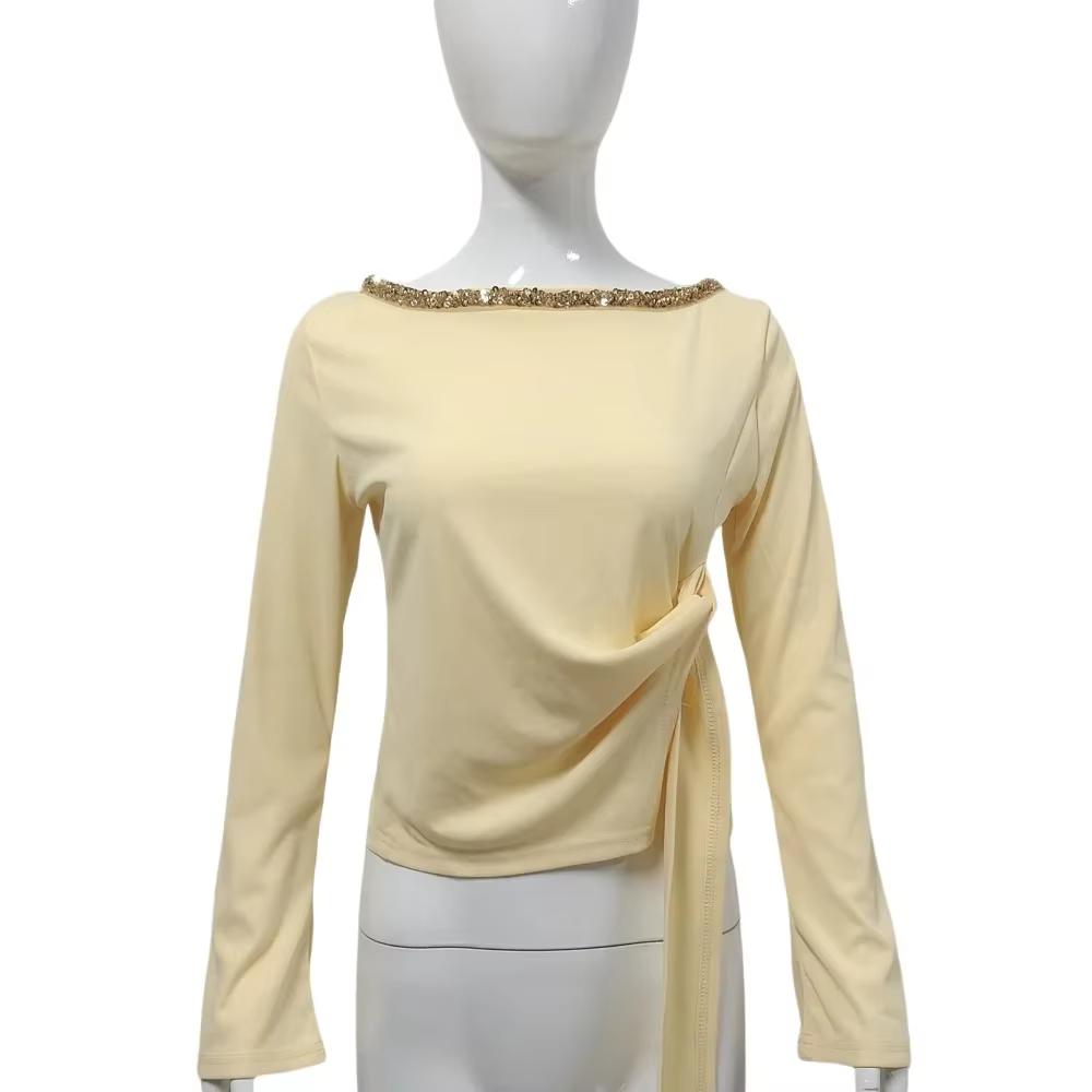 2025 femmes haut à paillettes cravate taille ourlet irrégulier moulante ajusté T-Shirt décontracté f