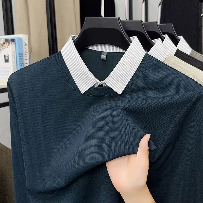 Nouveau Polo Homme 2026 Effet Deux Pièces – T-shirt Décontracté à Manches Longues et Col, Haut Polyv