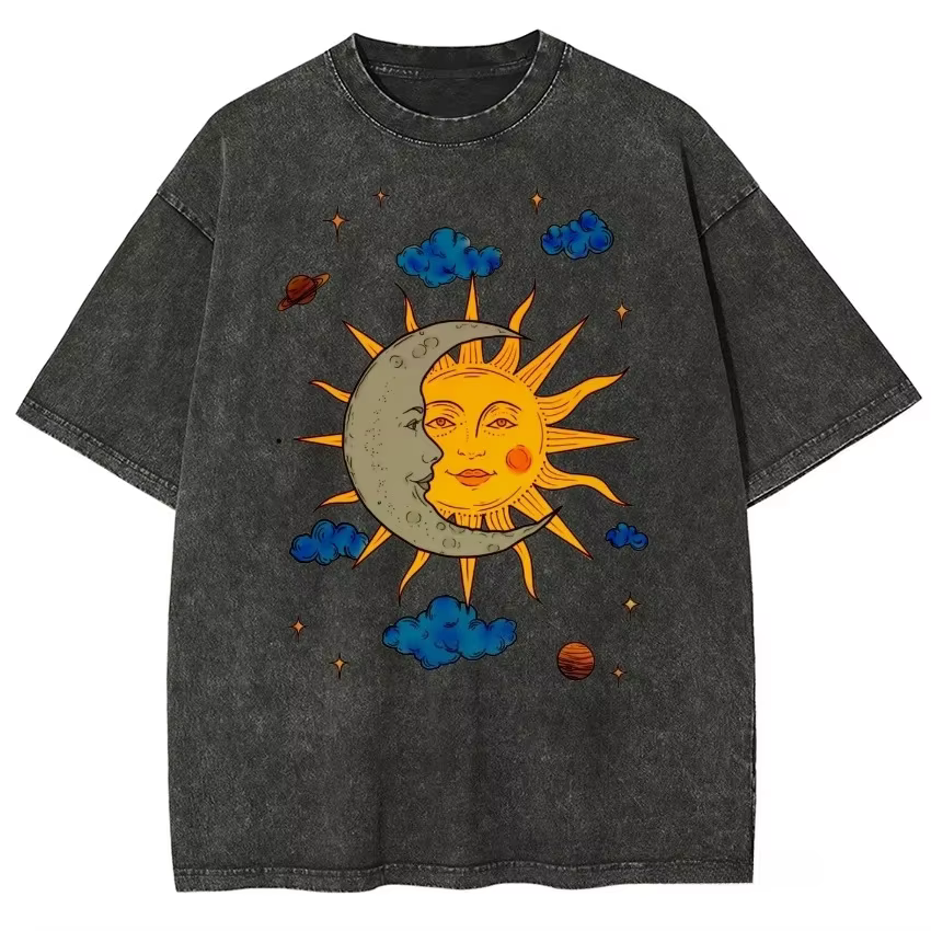 T-shirt vintage délavé avec imprimé soleil « Here Comes The Sun », T-shirt noir oversize rétro psych