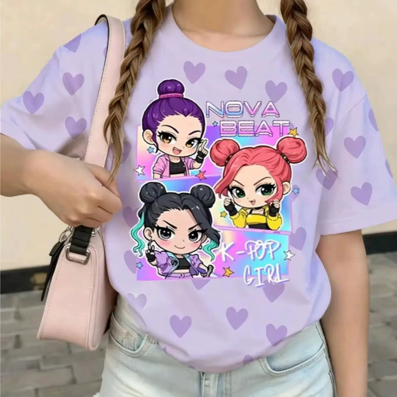 T-shirt graphique K-Pop pour filles - Motif cœur violet imprimé Nova Beat Chibi, tee-shirt décontrac
