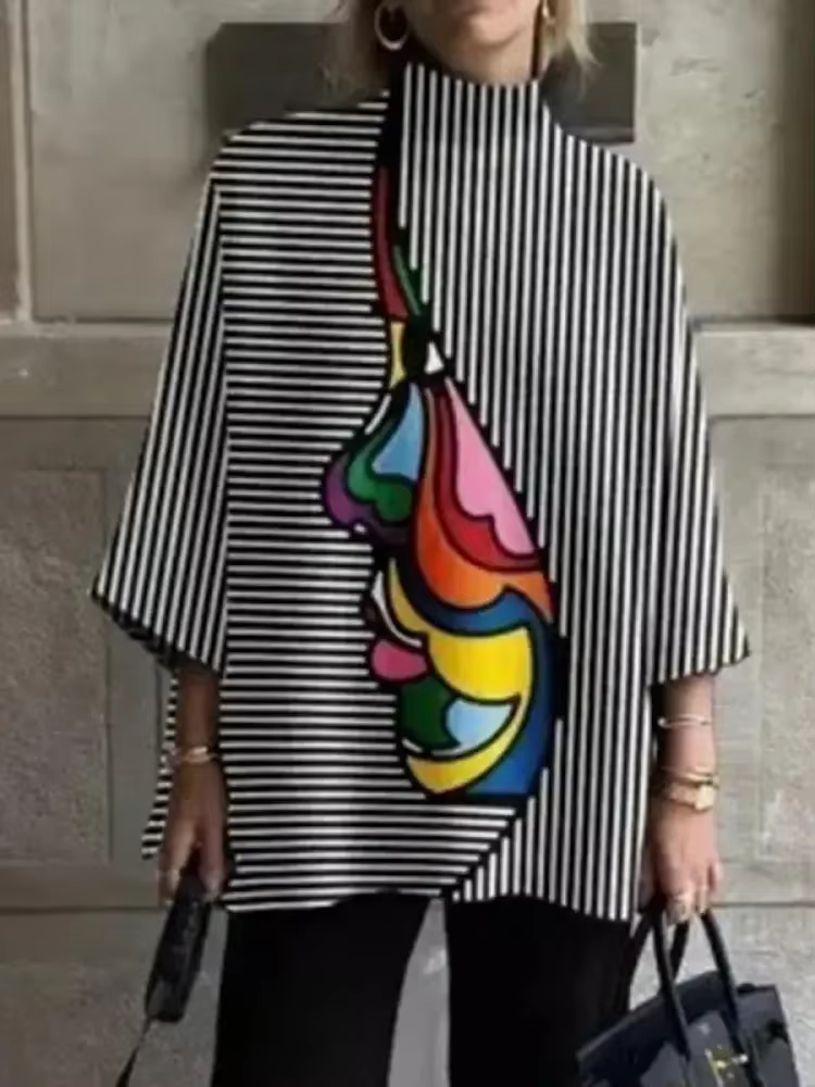 Yeezzi femme mode rayé Figure imprimé col montant T-Shirts 2025 nouveau printemps été ample trois-qu