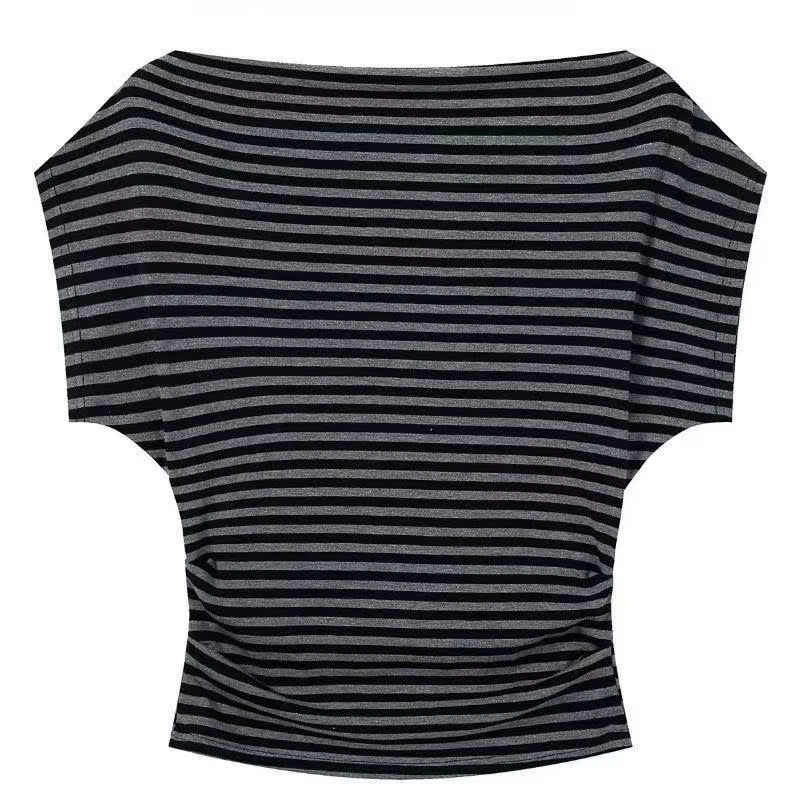 2025 vêtements pour femmes rayé t-shirts à manches courtes Slash cou décontracté Camisetas Ropa Muje
