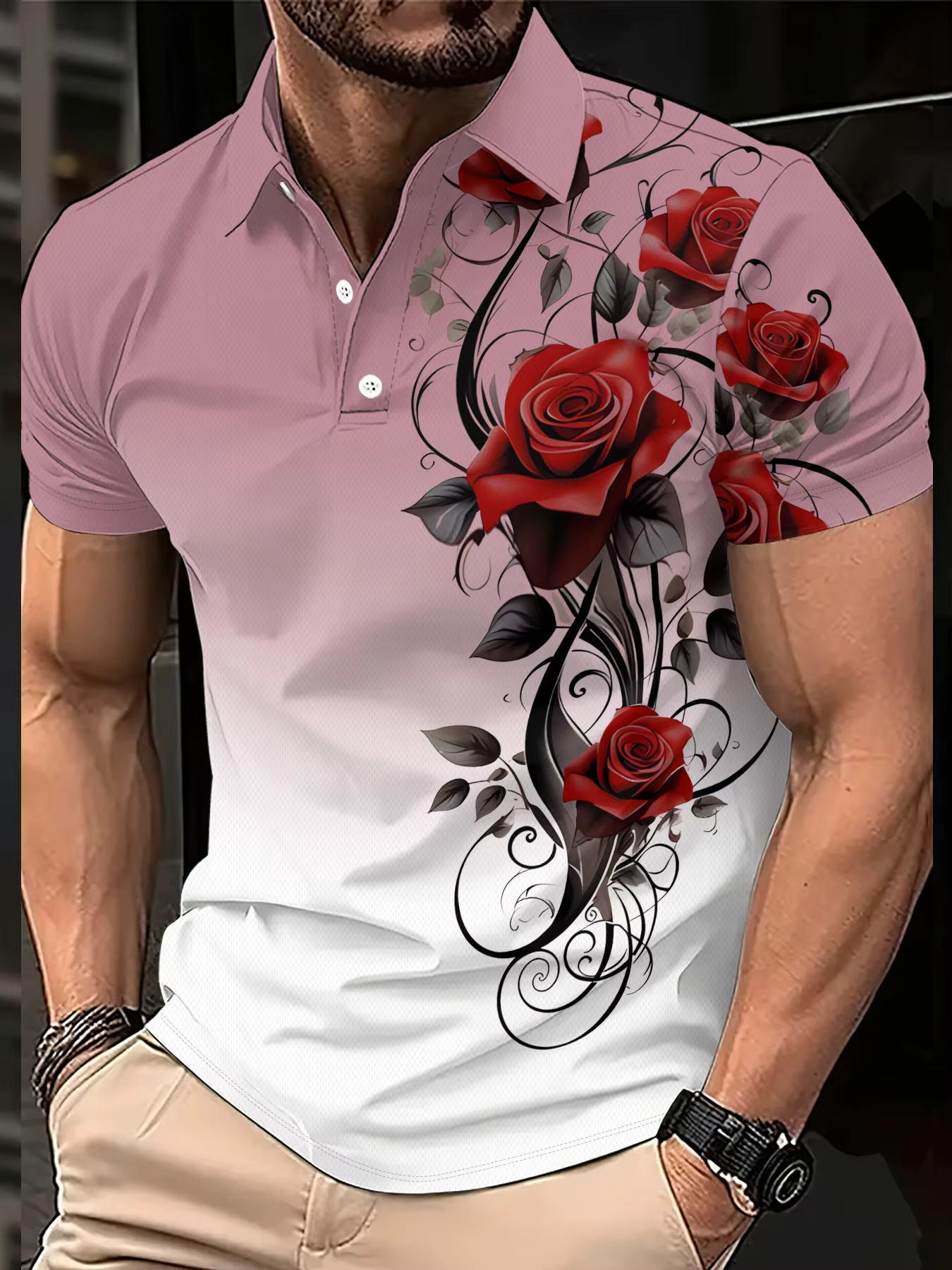 Polo homme été 2026 avec imprimé floral rose, respirant, léger, décontracté et tendance