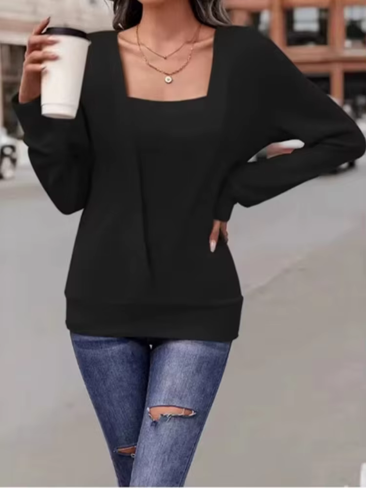Col carré couleur unie à manches longues décontracté ample femmes T-shirt quotidien bureau élégant d