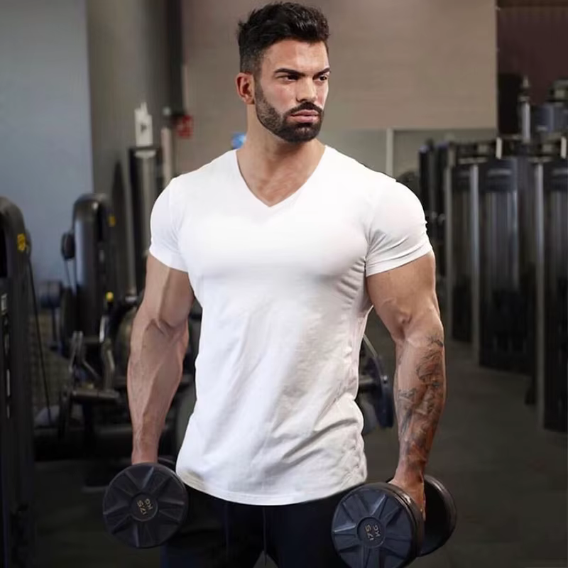 T-shirt de sport en coton uni pour hommes, vêtements de Fitness d'été, col en v, manches courtes, co