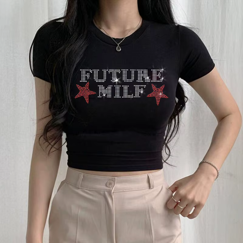 T-Shirt à Manches Courtes et Col Rond pour Femme, Vêtement Décontracté, avec Lettres et Étoiles Impr