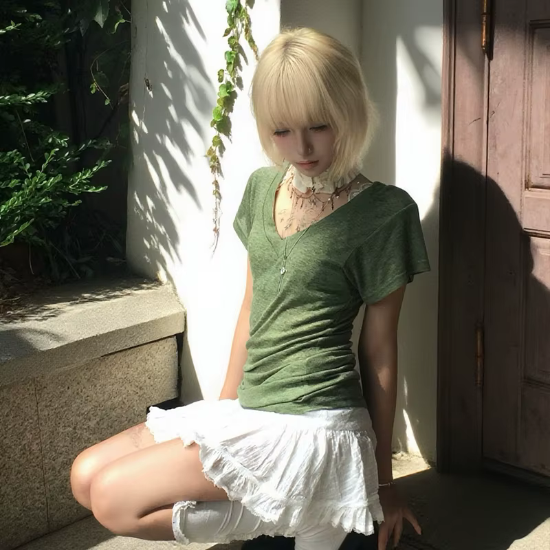 Karrram japonais Y2k vert tricoté T-shirt Trashy 2000s Style col en v haut Vintage Harajuku manches