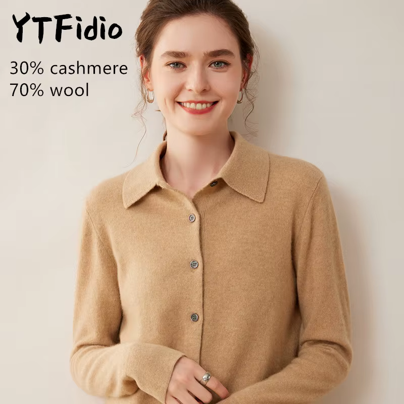 YTFidio cachemire laine mérinos pull femmes col POL à manches longues haut de luxe vêtements de créa