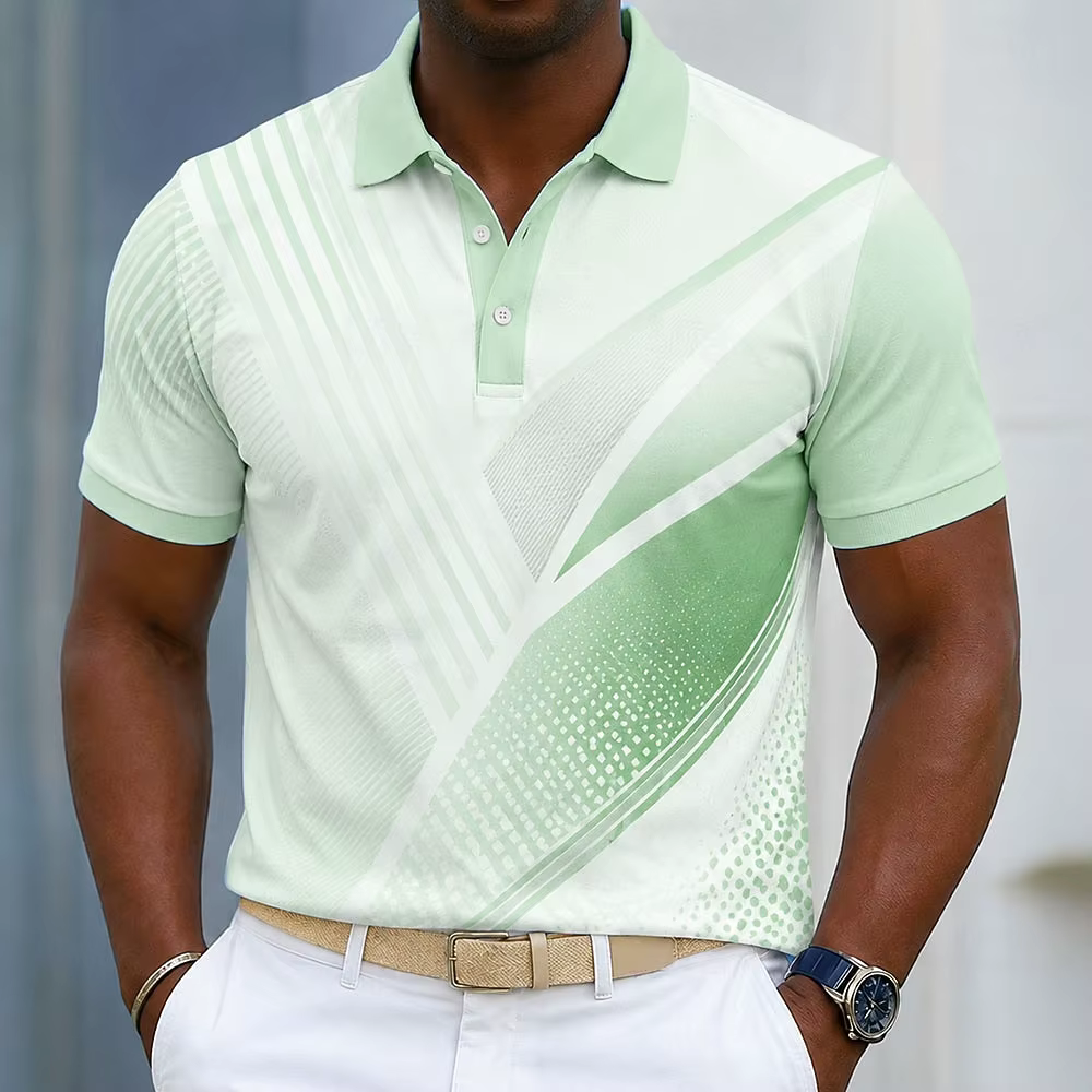 Polo pour homme vert clair à rayures diagonales blanches et imprimé à pois, hauts décontractés pour