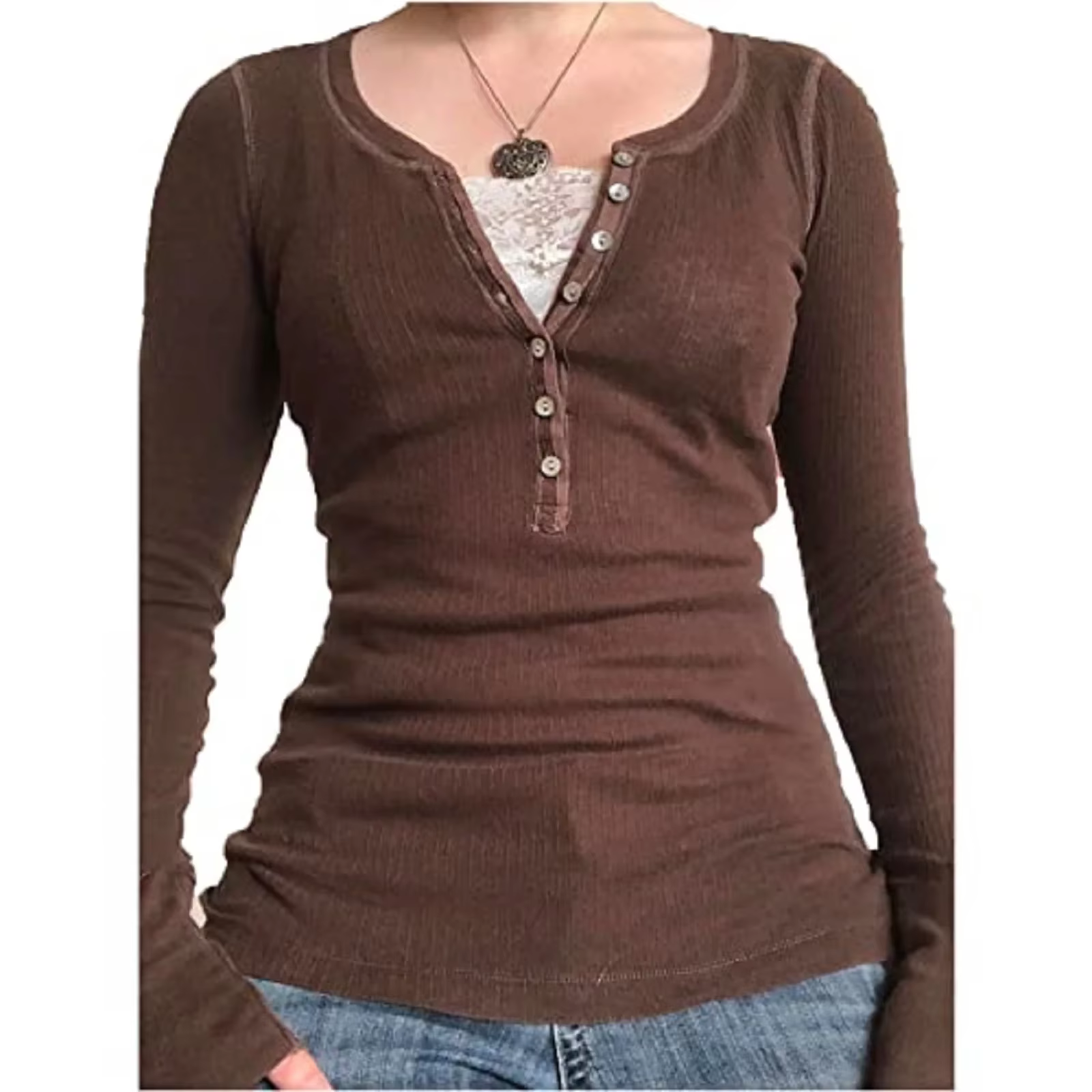 Haut court à manches longues pour femmes, Vintage, décontracté, dentelle, Patchwork, 1/2 boutons, pu