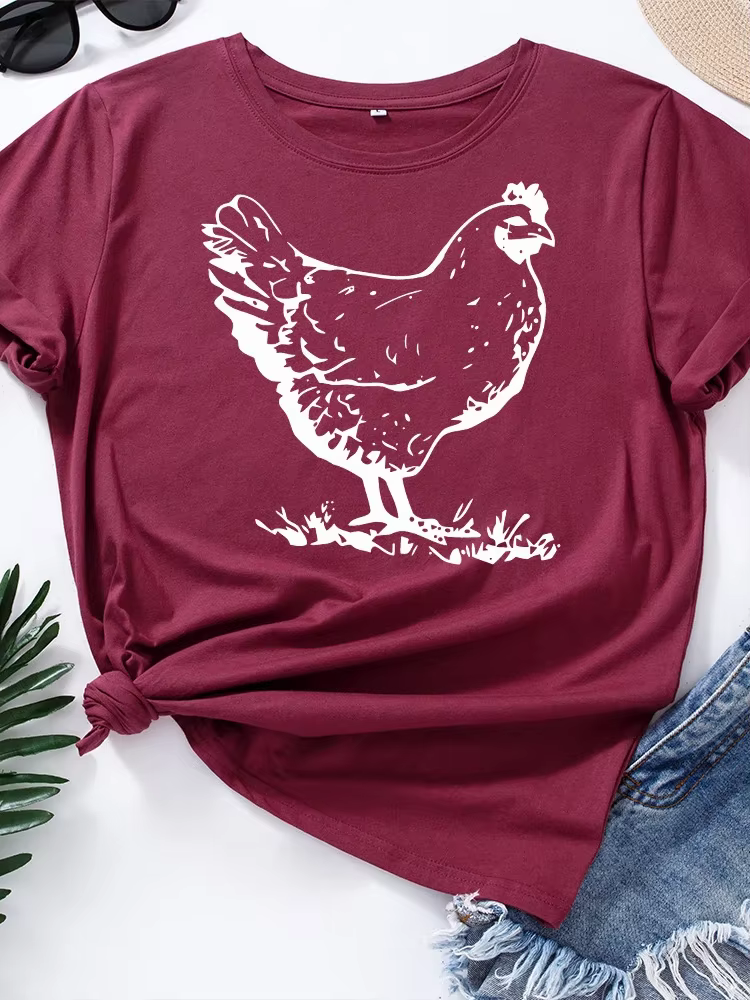 T-shirt manches courtes col rond femme, estival et jetable, avec impression poule blanche