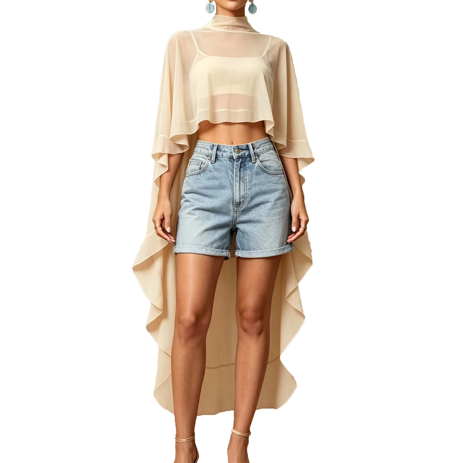 Poncho transparent pour femme, haut tendance à col roulé, couleur unie, coupe ample, ourlet asymétri