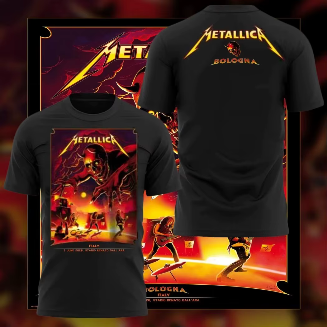 T-shirt de la tournée de la groupe rock Metallica en Italie, BOLOGNA, pour hommes et femmes, vêtemen
